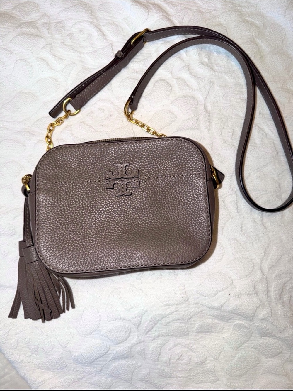 Tory Burch Taupe Leather Crossbody Bag with Tassel